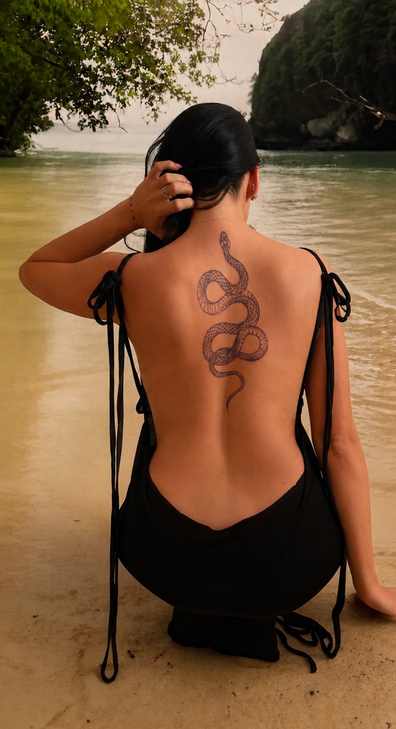 Tatouage éphémère au jagua dans le dos – motif serpent réalisé avec encre végétale
