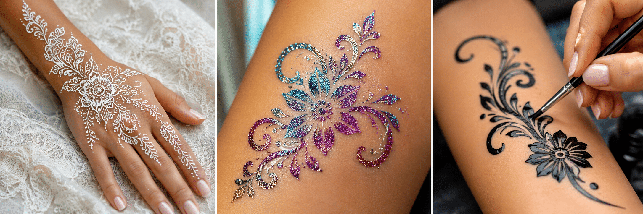 Tatouages éphémères paillettes henné blanc et encre australienne